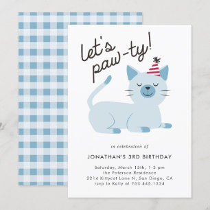 Lets Pawty Cute Kattunge Blue-Födelsedagsfest Inbjudningar