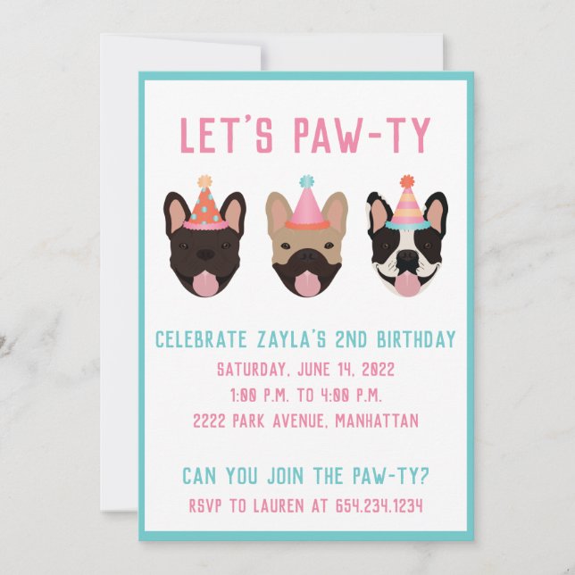 Lets Pawty Fransk Bulldog Party Hats Inbjudningar (Framsida)