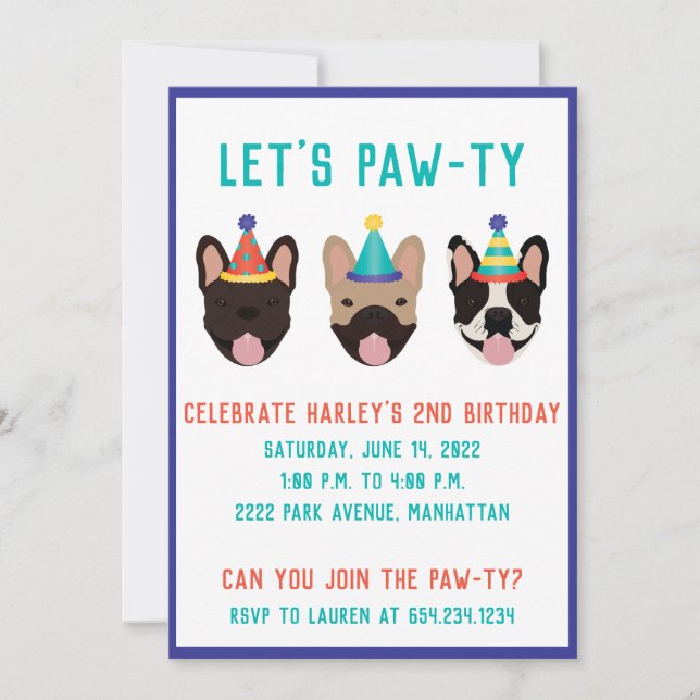 Lets Pawty Fransk Bulldog Party Hats Inbjudningar (Framsida)