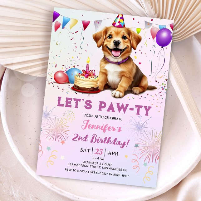Lets Pawty Hund Födelsedagsfest Girl 2 Birthday Inbjudningar (Skapare uppladdad)