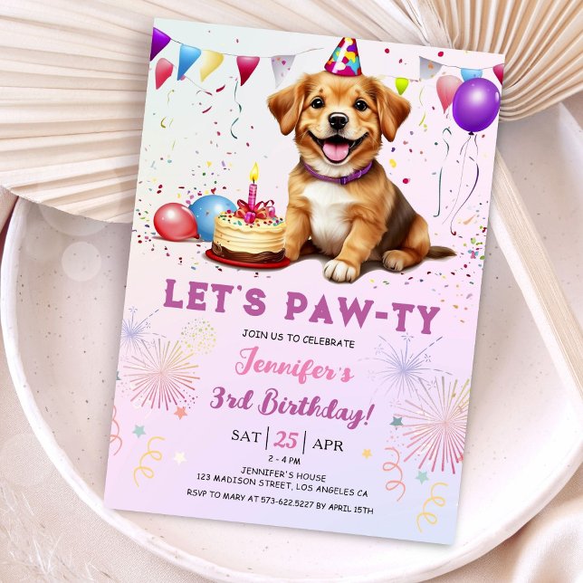 Lets Pawty Hund Födelsedagsfest Girl 3rd Birthday Inbjudningar (Skapare uppladdad)