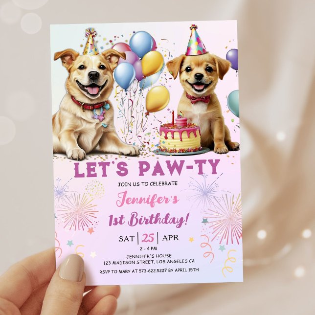 Lets Pawty Puppy Födelsedagsfest Girl 1st Birthday Inbjudningar (Skapare uppladdad)