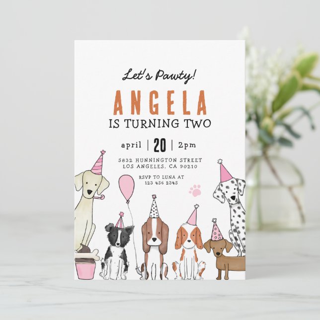 Lets Pawty Puppy Pawty Dog girl Birthday Inbjudningar (Stående Fram)