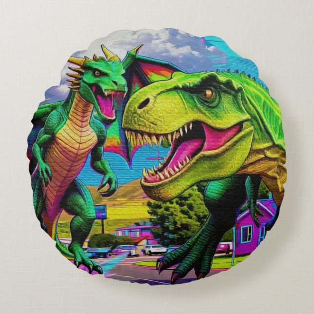 Lets Play - Green Dragon and Dinosaur Rund Kudde (Framsidan)