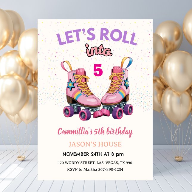 Let's Roll into 5 Retro Roller Skate Birthday  Inbjudningar (Let's Roll into 5 Retro Roller Skate Birthday Invitation
)