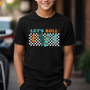Let's Roll Retro Skateboard Checkboard Boy T Shirt