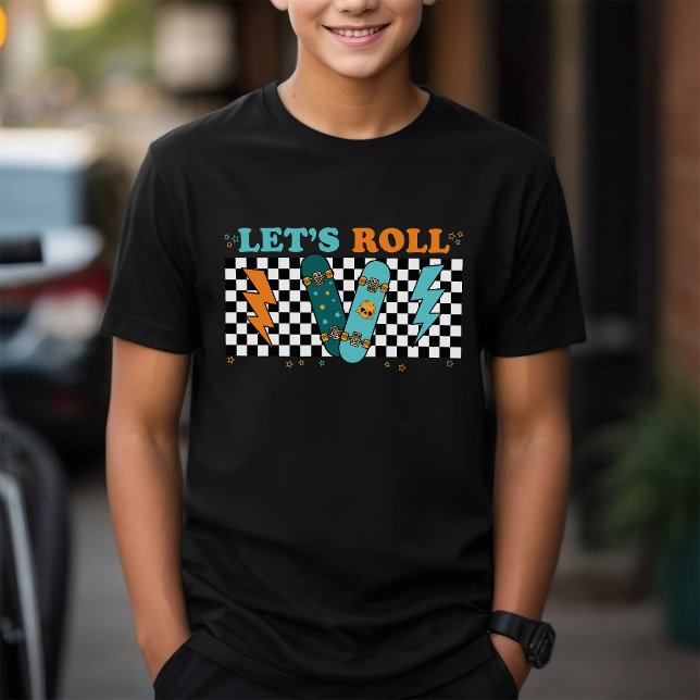Let's Roll | Retro Skateboard Checkboard Boy T Shirt (Skapare uppladdad)
