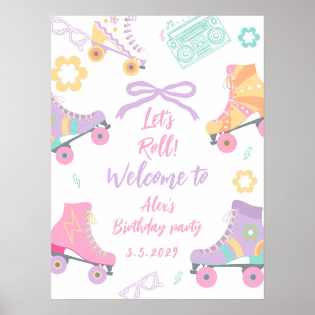 Lets Roll Roller Skate Girl Birthday Welcome Poster (Framsidan)