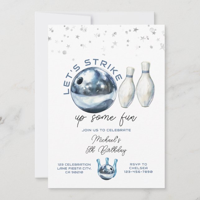 Let's Strike Boy 5th Galaxy bowling birthday party Inbjudningar (Framsida)