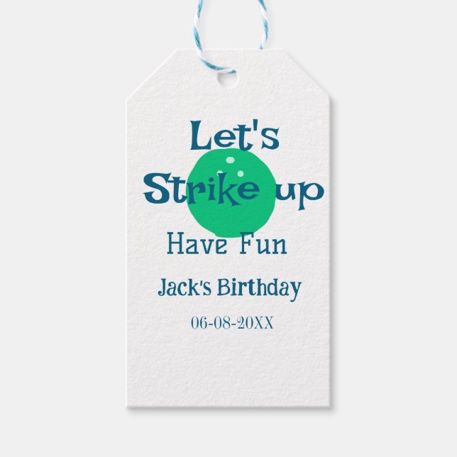 Let's strike up have fun green ball birthday name  presentetikett (Framsidan)