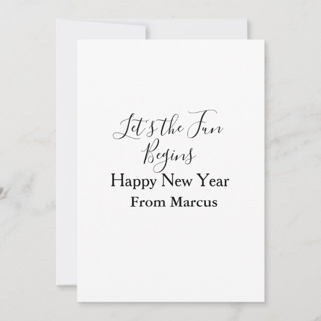 lets the fun begins happy new year name year simpl julkort (Framsida)