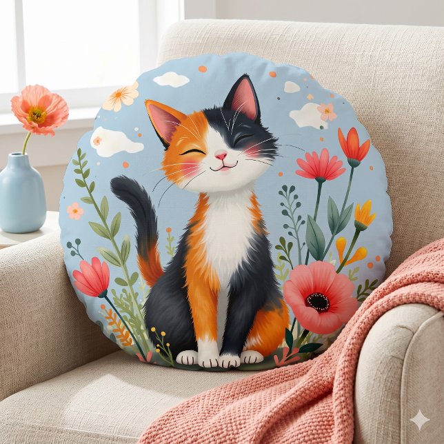 Lettande Kalikåtta i Blommande Trädgård Rund Kudde (Smiling Calico Cat in Blooming Garden Round Pillow)