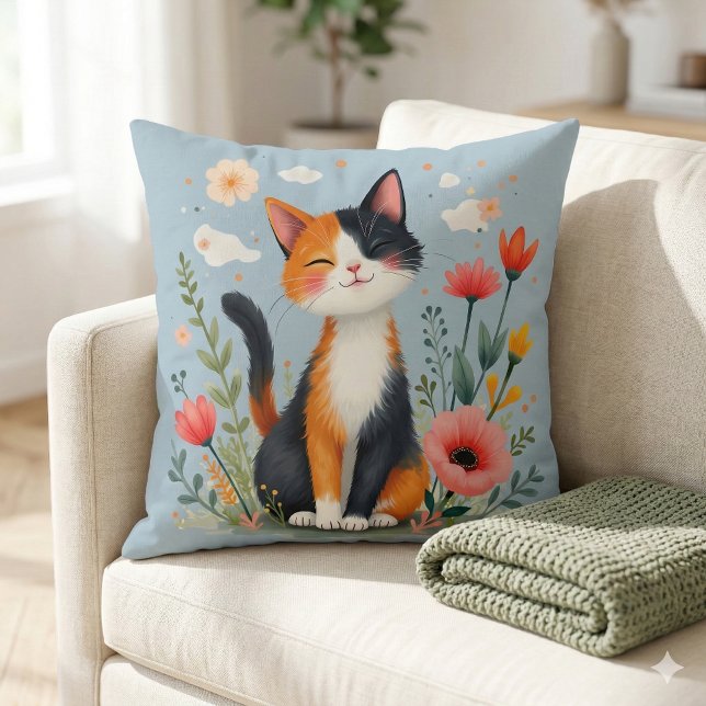 Lettande kalikokat i blomstrande trädgård kudde (Smiling Calico Cat in Blooming Garden Throw Pillow Mockup A)