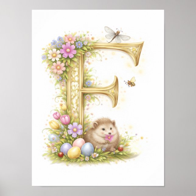 Letter F Gold Spring Nature Monogram Hedgehog Kids Poster (Framsidan)