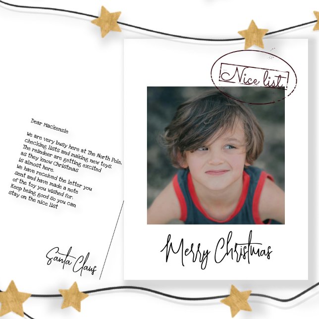 Letter From Santa Claus Nice List Photo Christmas Helg Vykort (Letter From Santa Claus Nice List Photo Christmas Holiday Postcard by Ricaso. Signed by Santa)