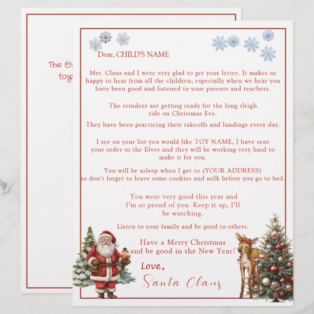 Letter from Santa Claus Snowflakes Reindeer (Fram/baksida)