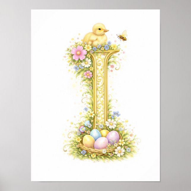 Letter I Gold Spring Nature Monogram Yellow Duck Poster (Framsidan)