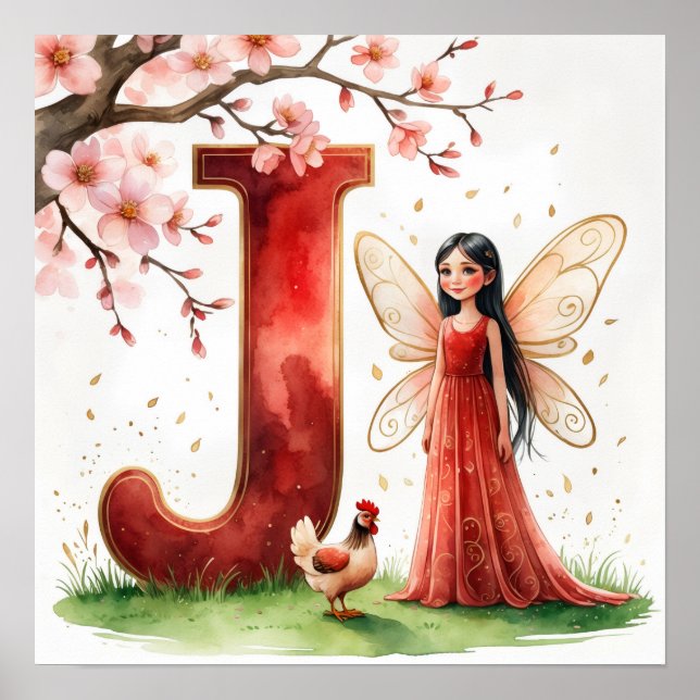 Letter J Rooster Cherry Blossom Fairy Poster Art (Framsidan)