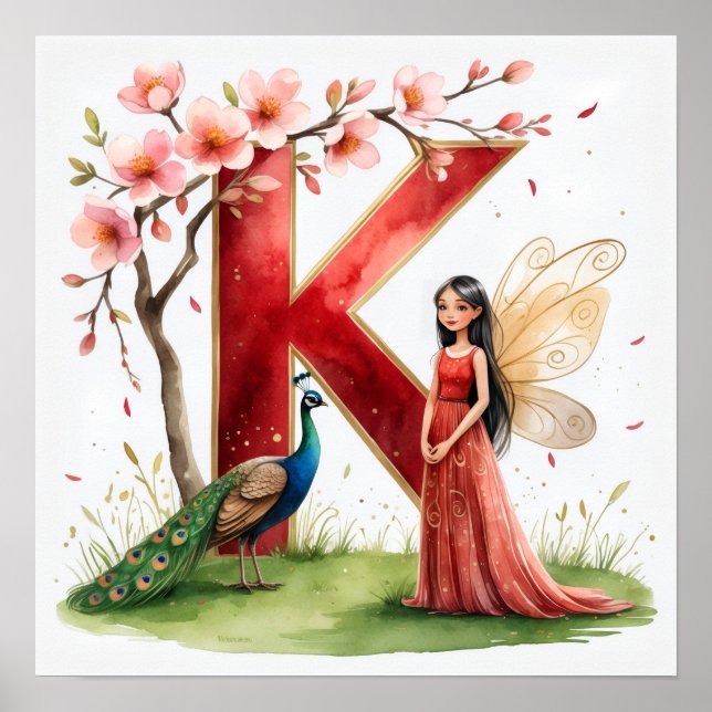 Letter K Peacock Fairy Poster - Elegant Art (Framsidan)