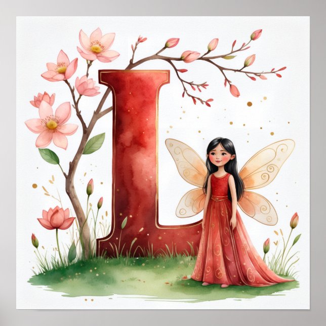 Letter L Lotus Flower Fairy Art Poster - Botanical (Framsidan)