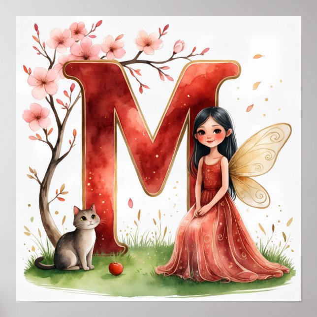 Letter M Cat Fairy Poster Feline Pet Alphabet Art (Framsidan)