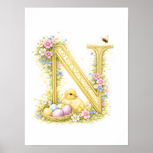 Letter N Gold Spring Nature Monogram Duckling Kids Poster (Framsidan)