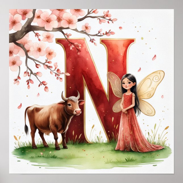 Letter N Ox Fairy Poster - Cherry Blossom Art (Framsidan)
