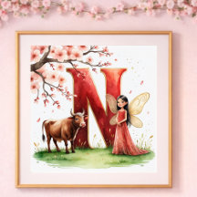 Letter N Ox Fairy Poster - Cherry Blossom Art