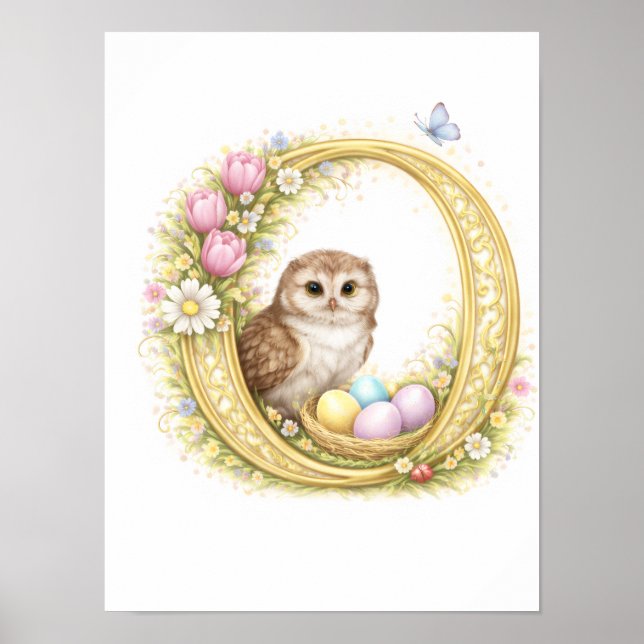 Letter O Gold Spring Nature Monogram Owl Kids Poster (Framsidan)
