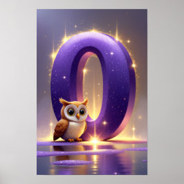 Letter O with Owl Poster Glitter Purple Alphabet