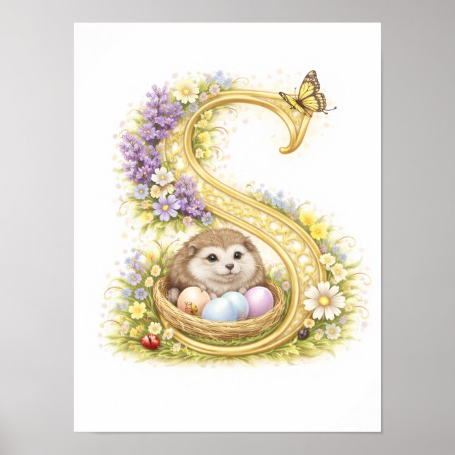 Letter S Gold Spring Nature Monogram Hedgehog Kids Poster (Framsidan)