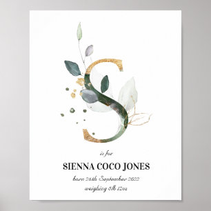 Letter S New Baby Monogram Birth Print Greenery Poster