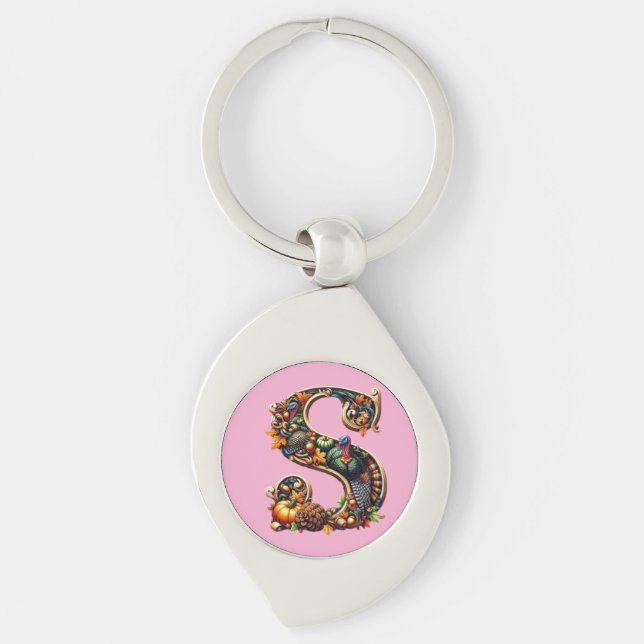 Letter S Thanksgiving turkey style gift  Swirl Silverfärgad Nyckelring (Framsidan)
