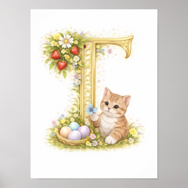 Letter T Gold Spring Nature Monogram Kitten Kids  Poster (Framsidan)