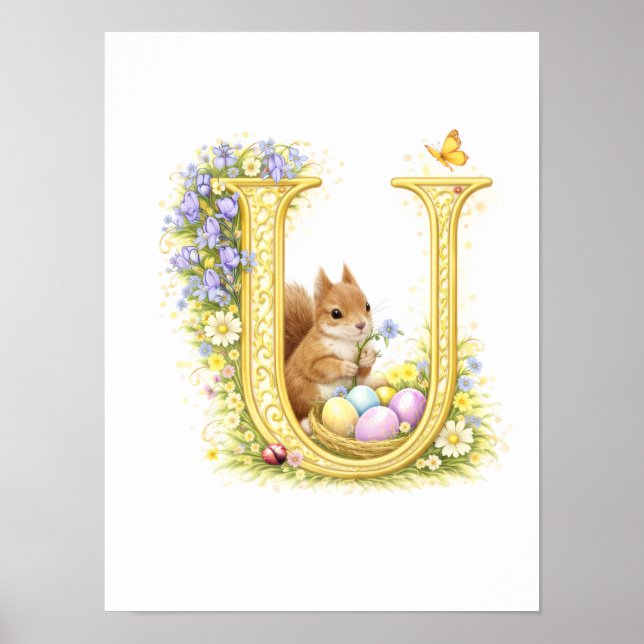 Letter U Gold Spring Nature Monogram Squirrel Kids Poster (Framsidan)