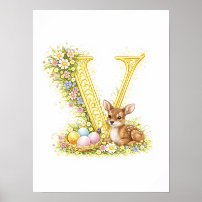 Letter V Gold Spring Nature Monogram Baby Fawn Kid Poster (Framsidan)