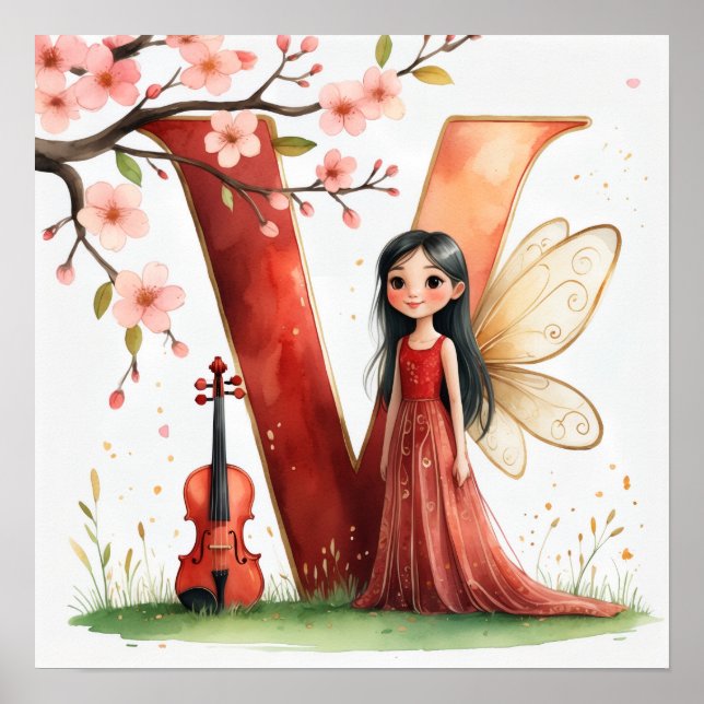 Letter V Violin Fairy Poster -Alphabet Art (Framsidan)