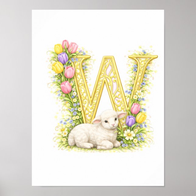 Letter W Gold Spring Nature Monogram Baby Lamb Kid Poster (Framsidan)