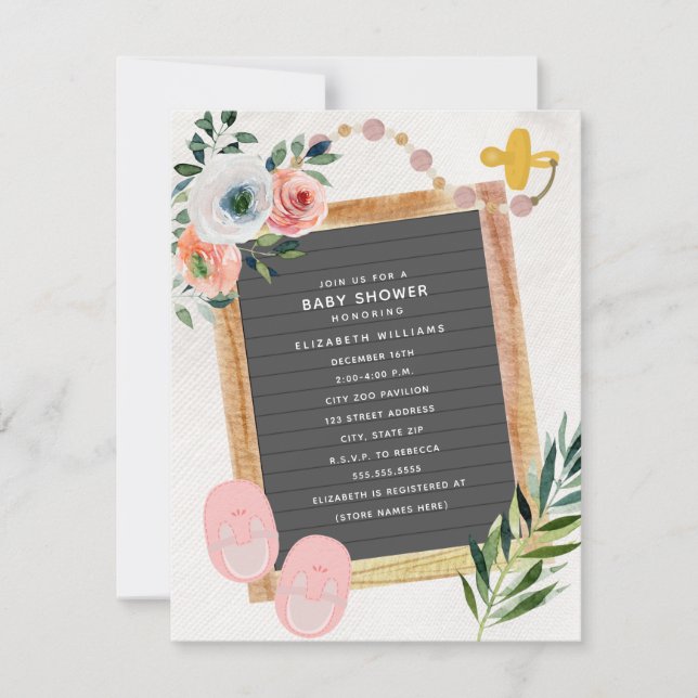 Letterboard Shower Nappar Blommigt Girl Baby Showe Inbjudningar (Framsida)