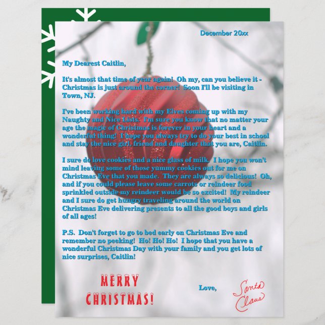 Letters from Santa Green Red Ornament (Fram/baksida)