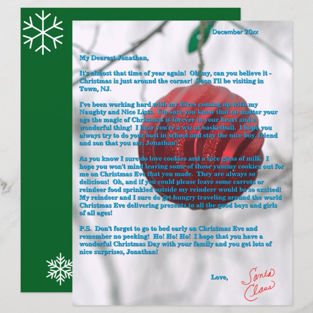 Letters from Santa Tweens Red Ornament Green (Fram/baksida)