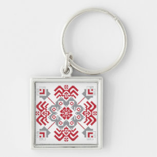 Lettiska auseklis folkart geometrisk medallion fyrkantig silverfärgad nyckelring