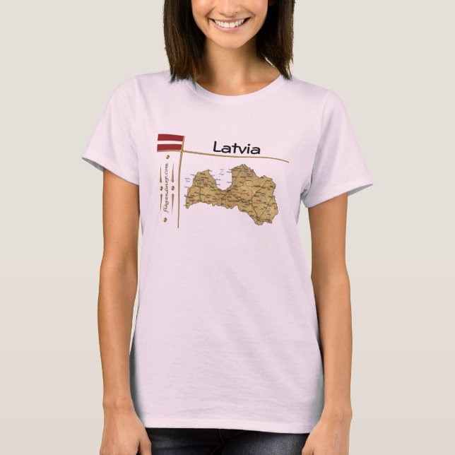 Lettland Karta + Flagga + Avdelning T-Shirt (Framsida)
