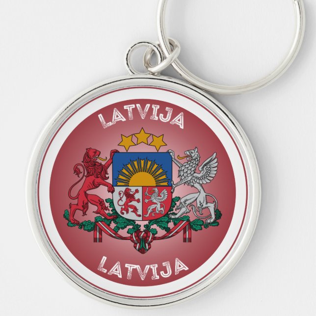 Lettlands statsvapen cirkelform  rund silverfärgad nyckelring (Framsidan)