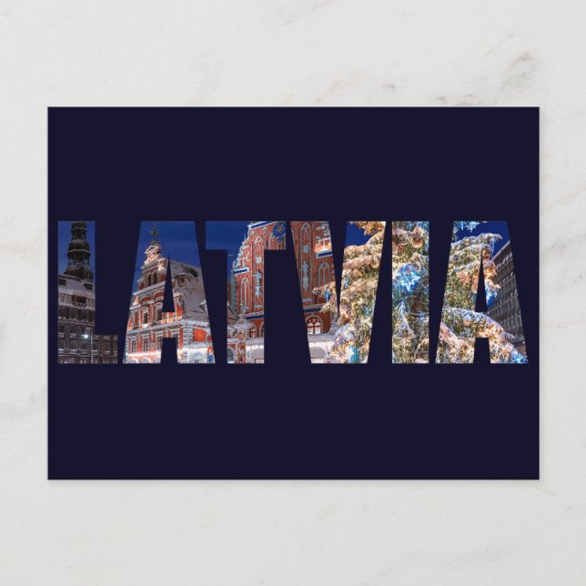 Lettlands text med belysad Julgran Vykort (Framsida)