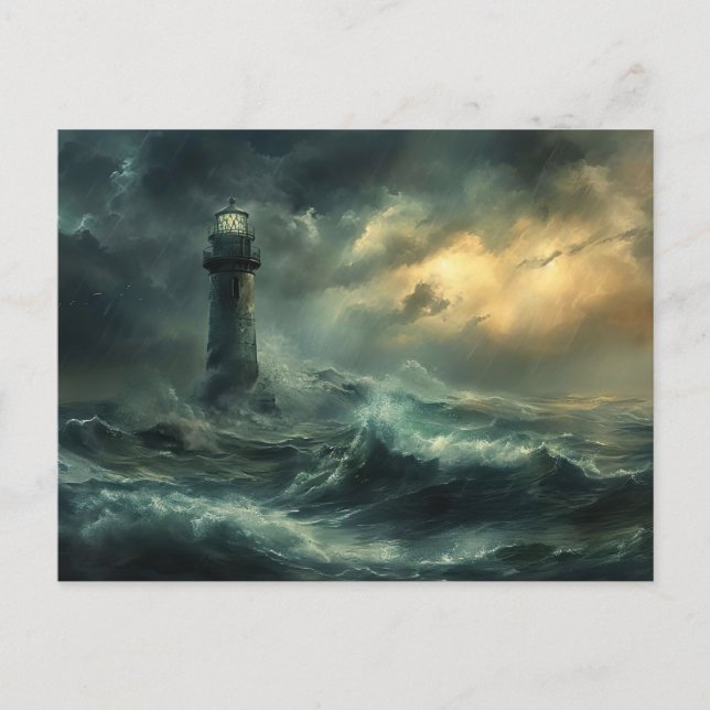 Leuchtturm in der Nacht Sturm maritime Lansdchaft Vykort (Framsida)
