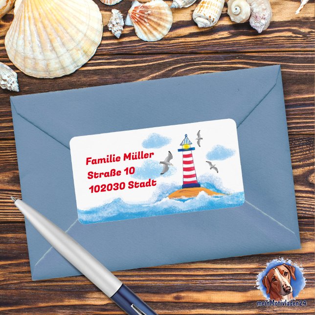Leuchtturm & Möwen - handgemalt | maritimer Adressetikett (maritimer Adressaufkleber mit Leuchtturm und Möwen, Motiv liebevoll mit Acrylfarben handgemalt)