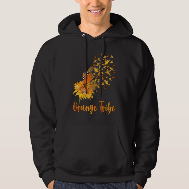 Leukemia Awareness Sunflower Butterfly Orange Ribb Hoodie (Framsida)