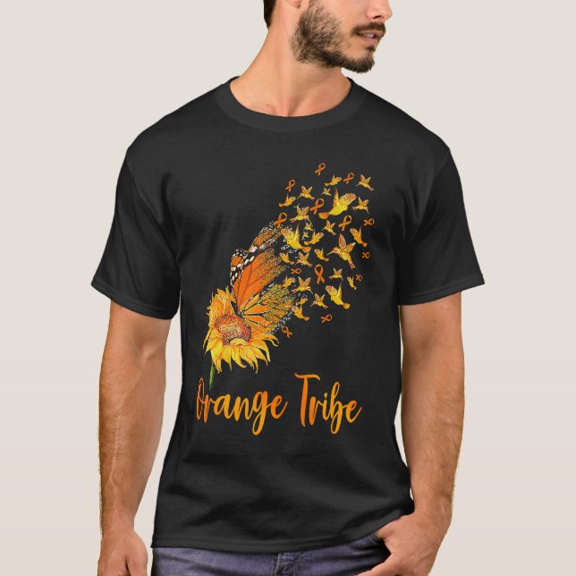 Leukemia Awareness Sunflower Butterfly Orange Ribb T Shirt (Framsida)