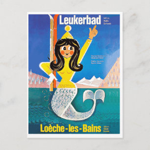 Leukerbad, Schweiz, sjöjungfru med skidlektion Vykort